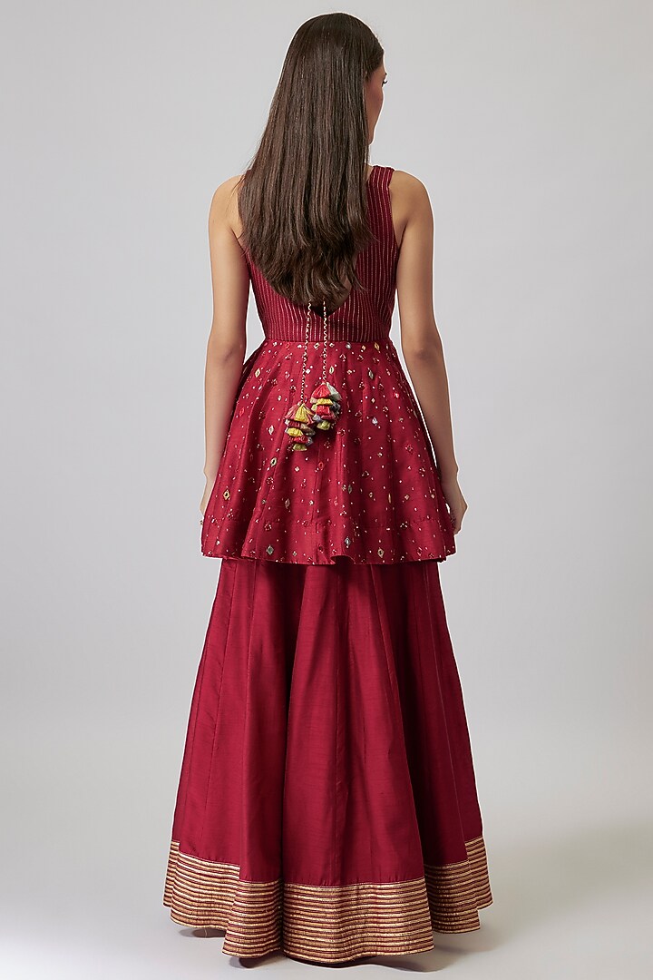 Ruby Red Dupion Silk Kalidar Wedding Sharara Set by Loka By Veerali Raveshia at Pernia's Pop Up Shop