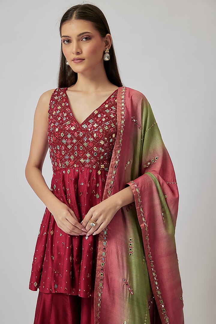 Ruby Red Dupion Silk Kalidar Wedding Sharara Set by Loka By Veerali Raveshia at Pernia's Pop Up Shop