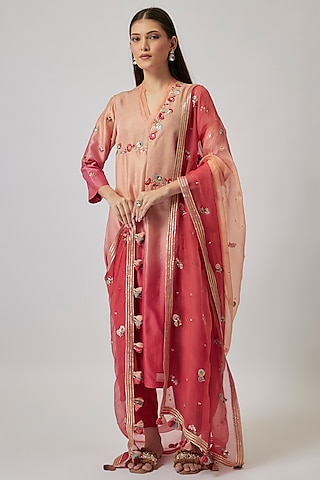 Peach & Pink Ombre Chanderi Silk Embroidered A-Line Kurta Set by Loka By Veerali Raveshia