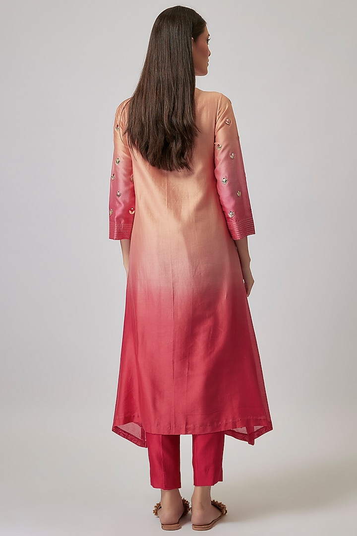 Peach & Pink Ombre Chanderi Silk Embroidered A-Line Kurta Set by Loka By Veerali Raveshia at Pernia's Pop Up Shop