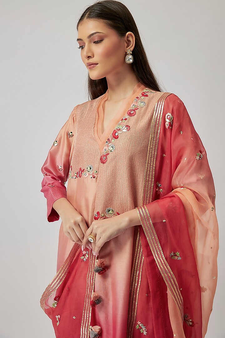 Peach & Pink Ombre Chanderi Silk Embroidered A-Line Kurta Set by Loka By Veerali Raveshia at Pernia's Pop Up Shop