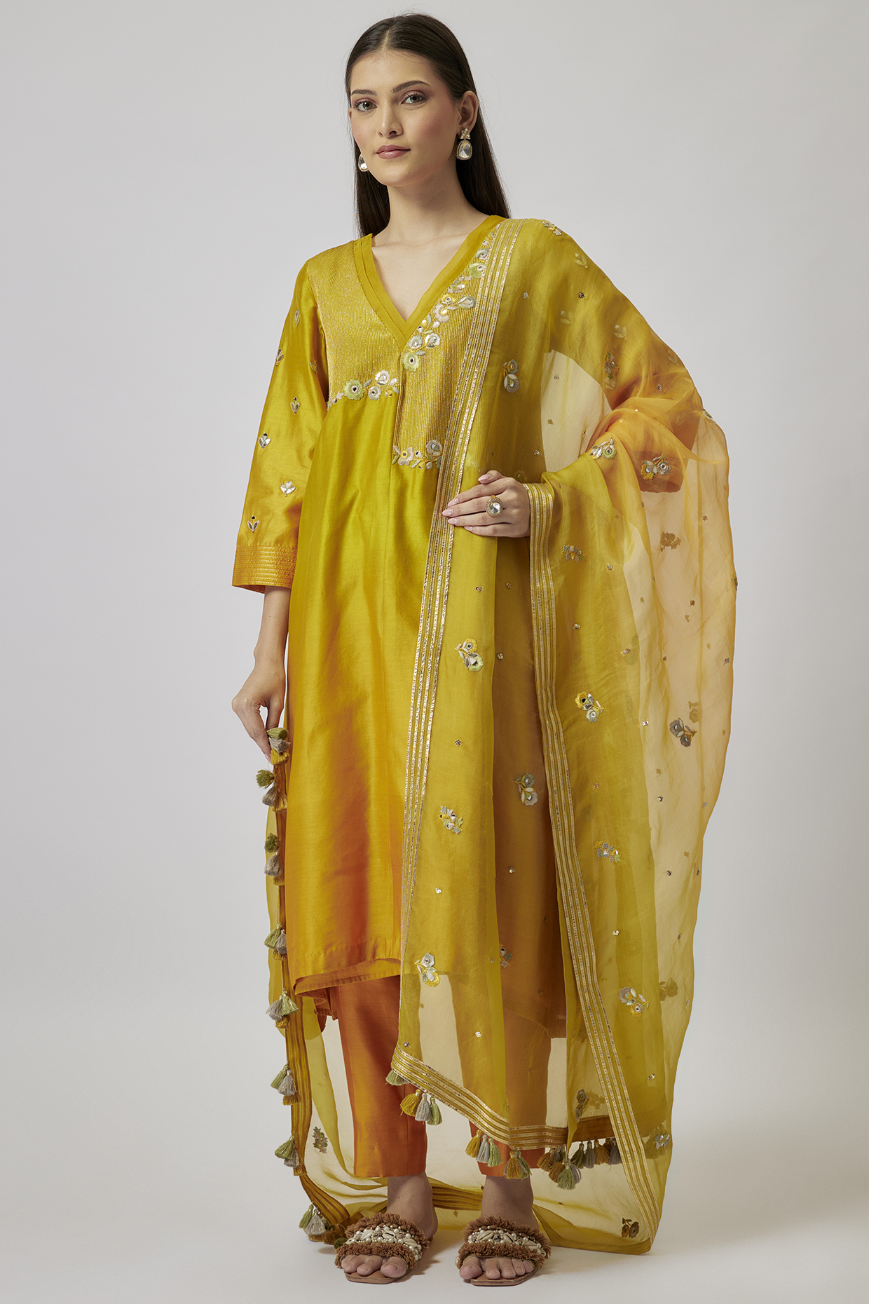 Mustard Ombre Chanderi Silk Embroidered A-Line Kurta Set by Loka By Veerali Raveshia at Pernia's Pop Up Shop