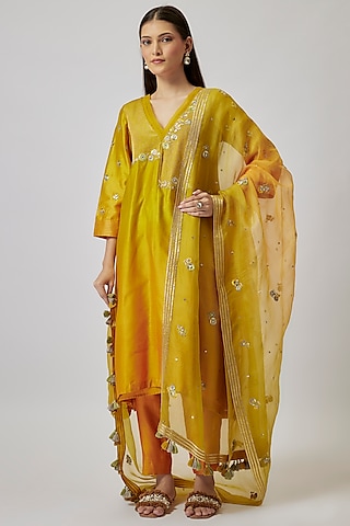 Mustard Ombre Chanderi Silk Embroidered A-Line Kurta Set by Loka By Veerali Raveshia