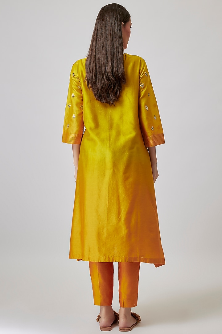 Mustard Ombre Chanderi Silk Embroidered A-Line Kurta Set by Loka By Veerali Raveshia at Pernia's Pop Up Shop