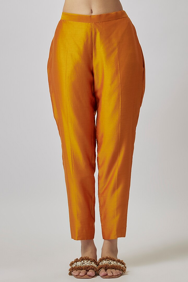 Mustard Ombre Chanderi Silk Embroidered A-Line Kurta Set by Loka By Veerali Raveshia at Pernia's Pop Up Shop