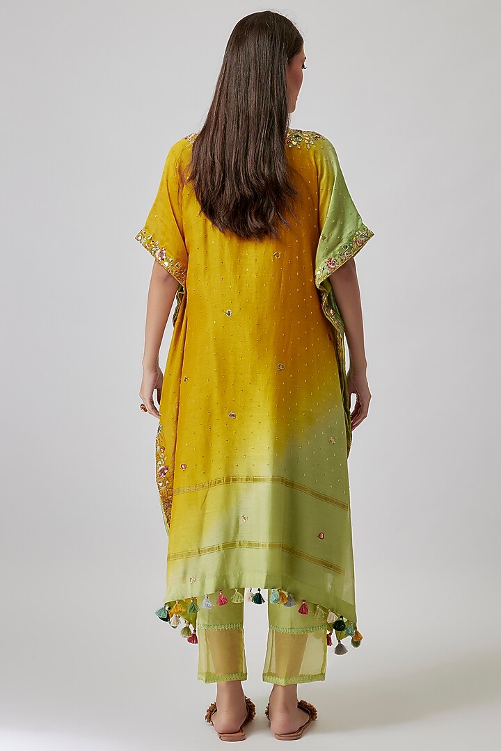 Pistachio Green & Mustard Ombre Chanderi Silk Hand Embroidered Kaftan Set by Loka By Veerali Raveshia at Pernia's Pop Up Shop