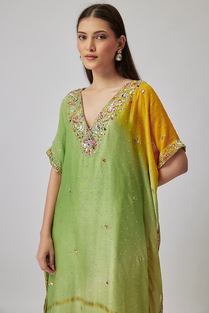 Pistachio Green & Mustard Ombre Chanderi Silk Hand Embroidered Kaftan Set by Loka By Veerali Raveshia at Pernia's Pop Up Shop