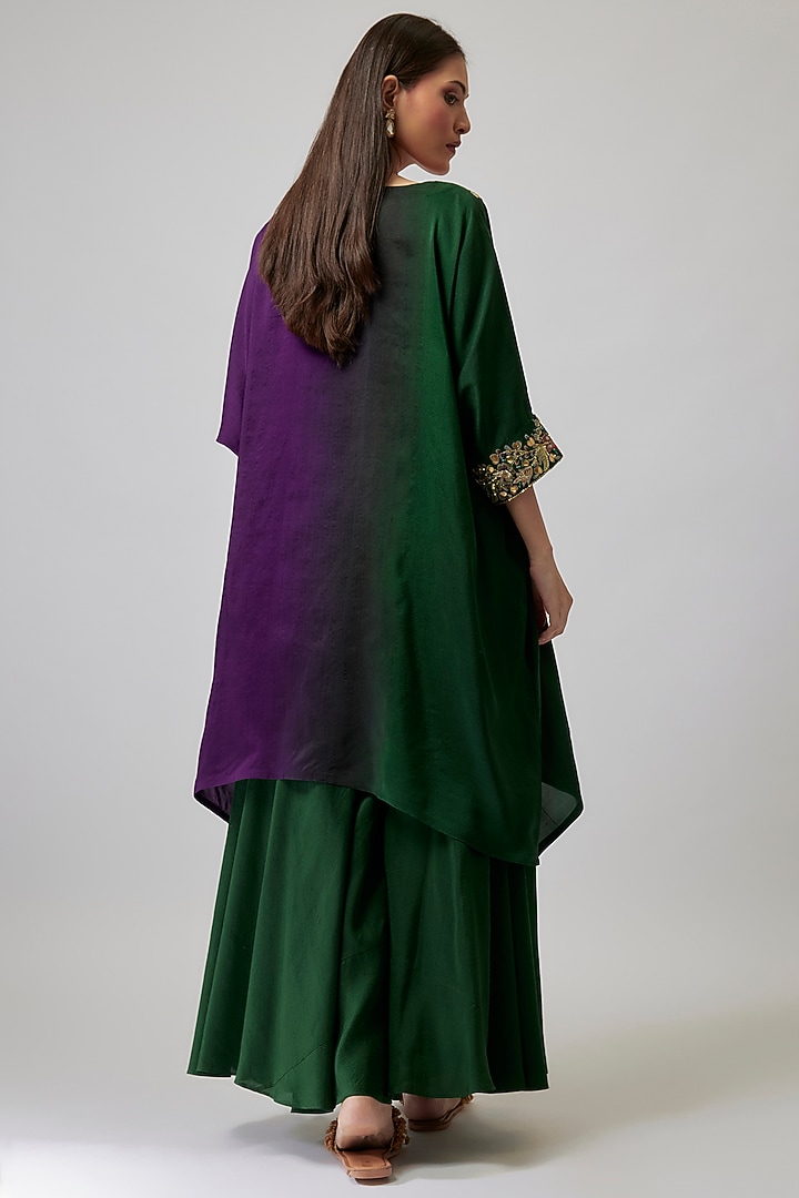 Bottle Green & Aubergine Dupion Silk Hand Embroidered Kaftan Set by Loka By Veerali Raveshia at Pernia's Pop Up Shop