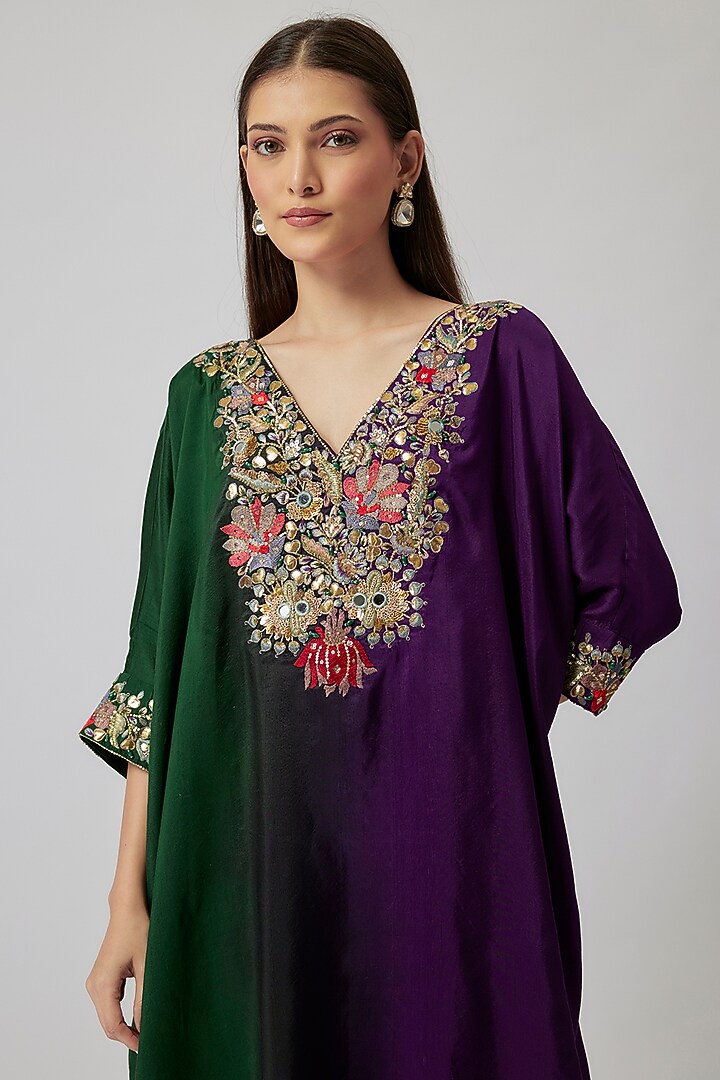 Bottle Green & Aubergine Dupion Silk Hand Embroidered Kaftan Set by Loka By Veerali Raveshia at Pernia's Pop Up Shop