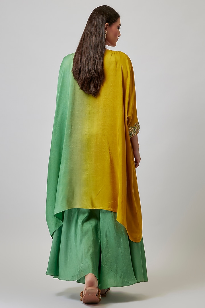 Mustard & Teal Dupion Silk Hand Embroidered Kaftan Set by Loka By Veerali Raveshia at Pernia's Pop Up Shop