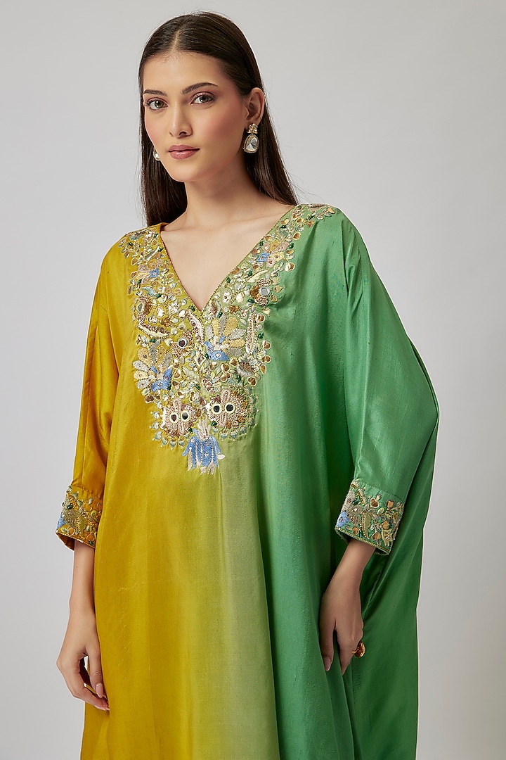 Mustard & Teal Dupion Silk Hand Embroidered Kaftan Set by Loka By Veerali Raveshia at Pernia's Pop Up Shop