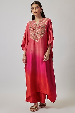 Pink & Coral Ombre Dupion Silk Hand Embroidered Kaftan Set by Loka By Veerali Raveshia