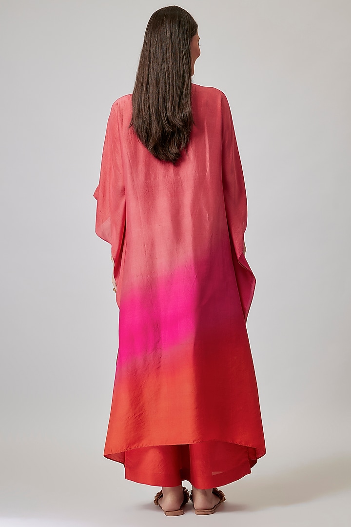 Pink & Coral Ombre Dupion Silk Hand Embroidered Kaftan Set by Loka By Veerali Raveshia at Pernia's Pop Up Shop
