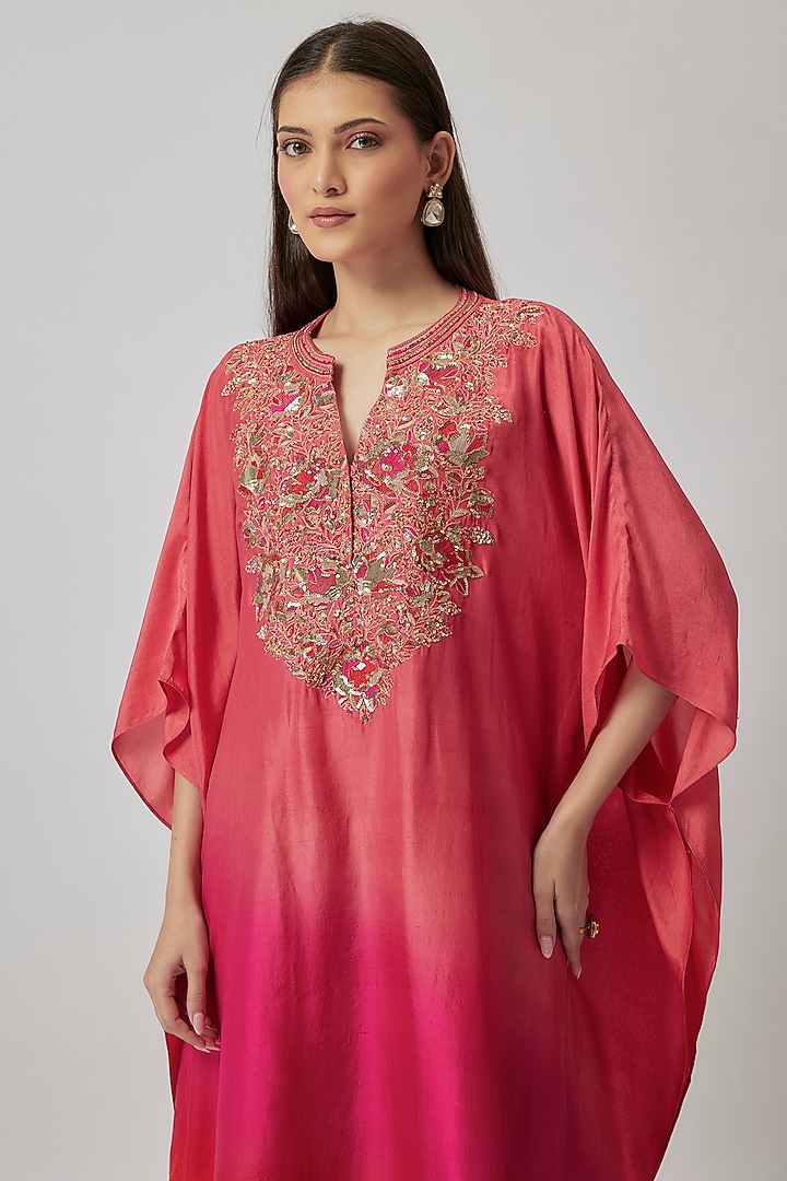 Pink & Coral Ombre Dupion Silk Hand Embroidered Kaftan Set by Loka By Veerali Raveshia at Pernia's Pop Up Shop