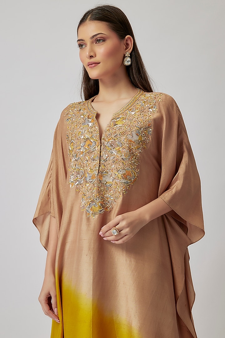 Beige & Mustard Ombre Dupion Silk Hand Embroidered Kaftan Set by Loka By Veerali Raveshia at Pernia's Pop Up Shop