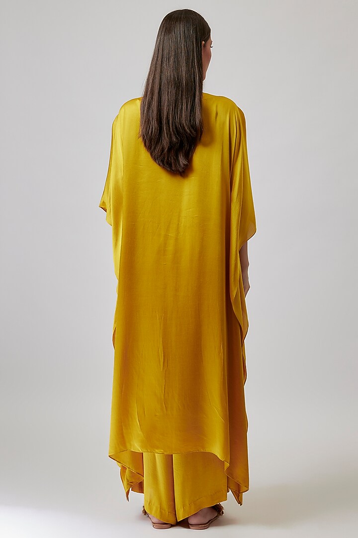 Mustard Gajji Silk Hand Embroidered Kaftan Set by Loka By Veerali Raveshia at Pernia's Pop Up Shop