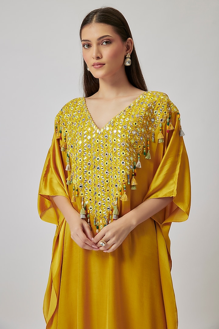 Mustard Gajji Silk Hand Embroidered Kaftan Set by Loka By Veerali Raveshia at Pernia's Pop Up Shop