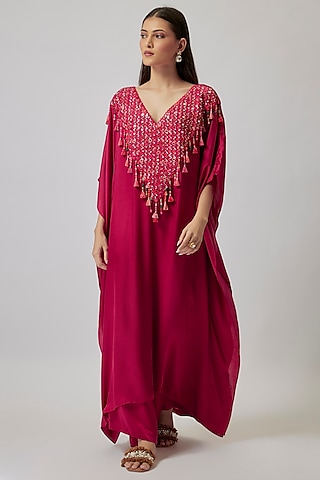 Ruby Red Gajji Silk Hand Embroidered Kaftan Set by Loka By Veerali Raveshia