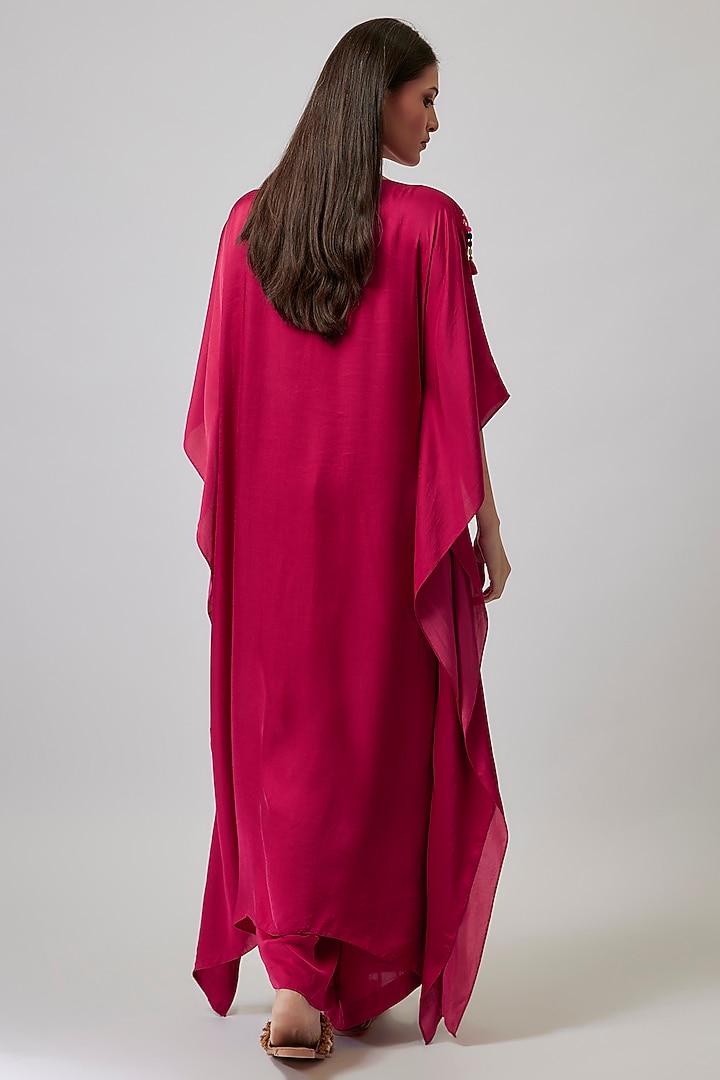 Ruby Red Gajji Silk Hand Embroidered Kaftan Set by Loka By Veerali Raveshia at Pernia's Pop Up Shop