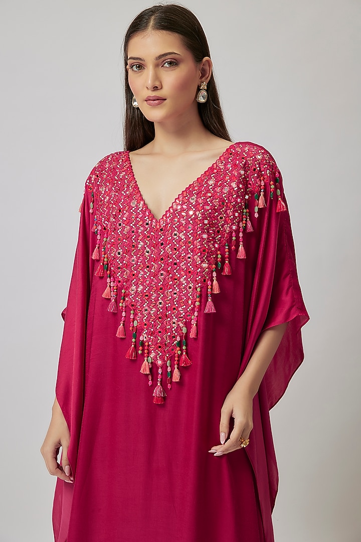 Ruby Red Gajji Silk Hand Embroidered Kaftan Set by Loka By Veerali Raveshia at Pernia's Pop Up Shop