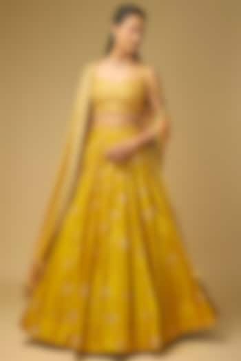 Mustard Yellow Dupion Silk Hand Embroidered Wedding Lehenga Set by LOKA By Veerali Raveshia at Pernia's Pop Up Shop