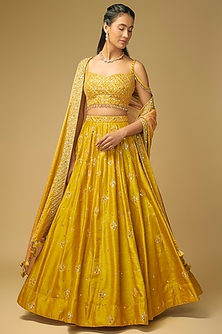 Mustard Yellow Dupion Silk Hand Embroidered Lehenga Set by LOKA By Veerali Raveshia