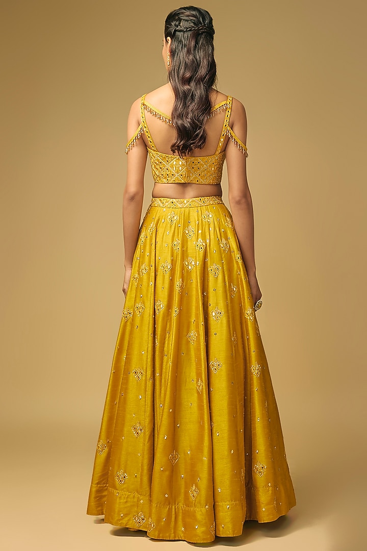 Mustard Yellow Dupion Silk Hand Embroidered Wedding Lehenga Set by LOKA By Veerali Raveshia at Pernia's Pop Up Shop