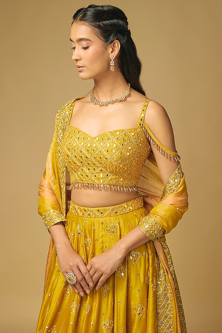 Mustard Yellow Dupion Silk Hand Embroidered Wedding Lehenga Set by LOKA By Veerali Raveshia at Pernia's Pop Up Shop