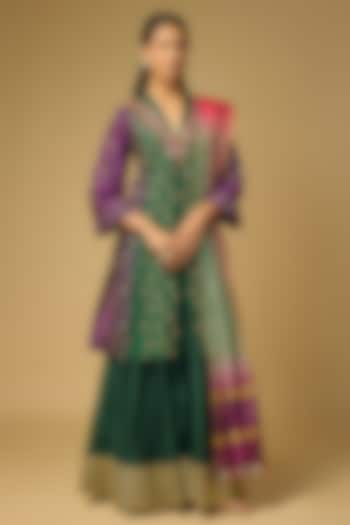 Emerald Green Chanderi Silk Embroidered Wedding Sharara Set by LOKA By Veerali Raveshia at Pernia's Pop Up Shop