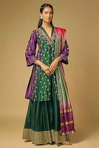 Emerald Green Chanderi Silk Embroidered Sharara Set by LOKA By Veerali Raveshia