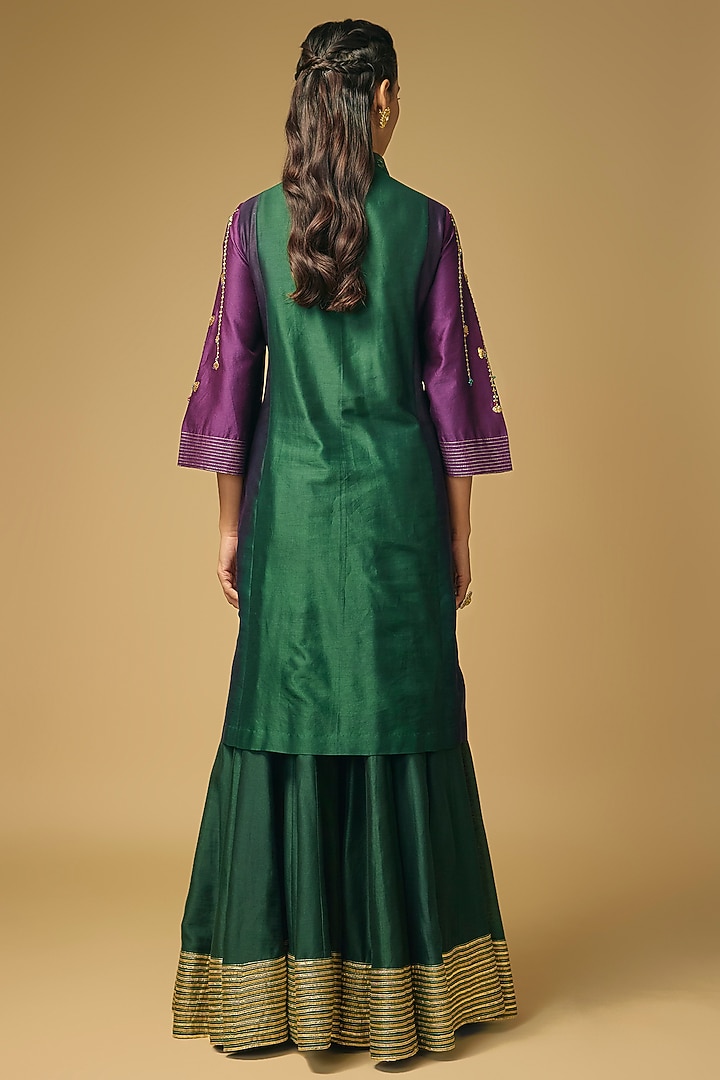 Emerald Green Chanderi Silk Embroidered Wedding Sharara Set by LOKA By Veerali Raveshia at Pernia's Pop Up Shop