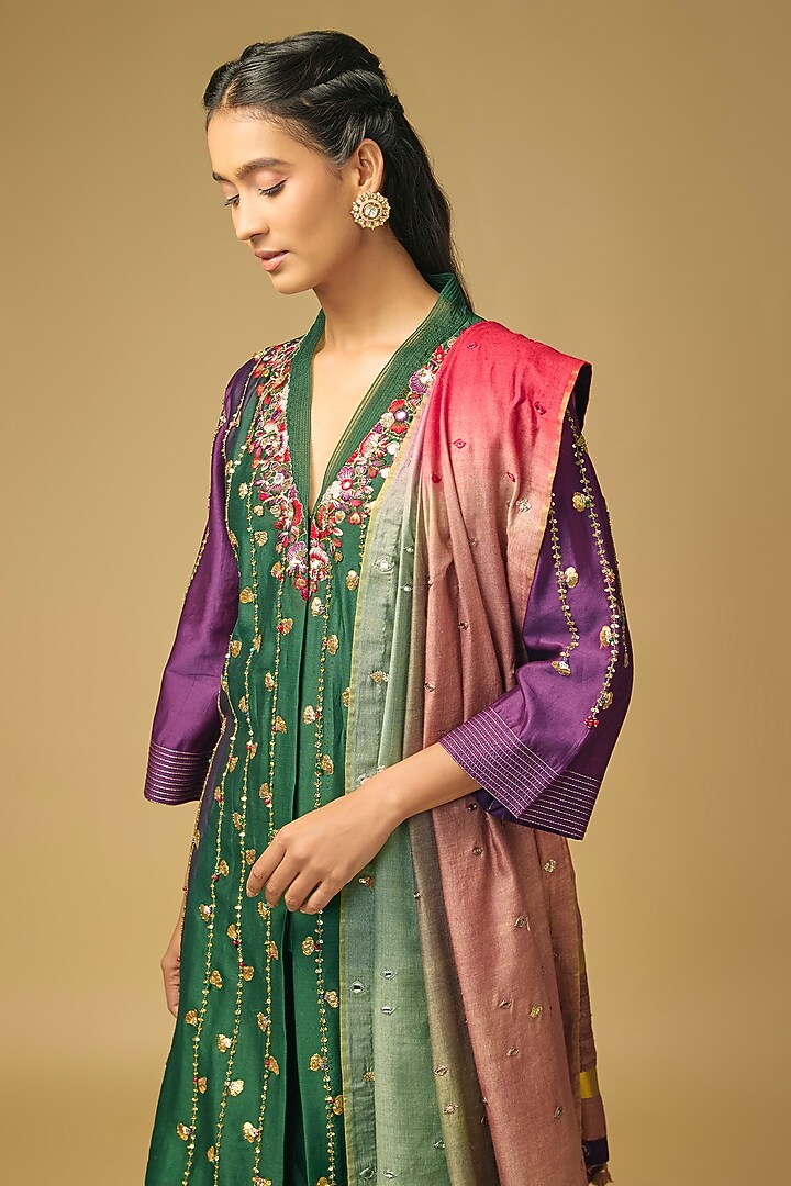 Emerald Green Chanderi Silk Embroidered Wedding Sharara Set by LOKA By Veerali Raveshia at Pernia's Pop Up Shop