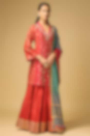 Coral Red & Orange Chanderi Silk Embroidered Wedding Sharara Set by LOKA By Veerali Raveshia at Pernia's Pop Up Shop