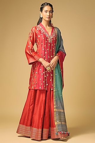 Coral Red & Orange Chanderi Silk Embroidered Sharara Set by LOKA By Veerali Raveshia