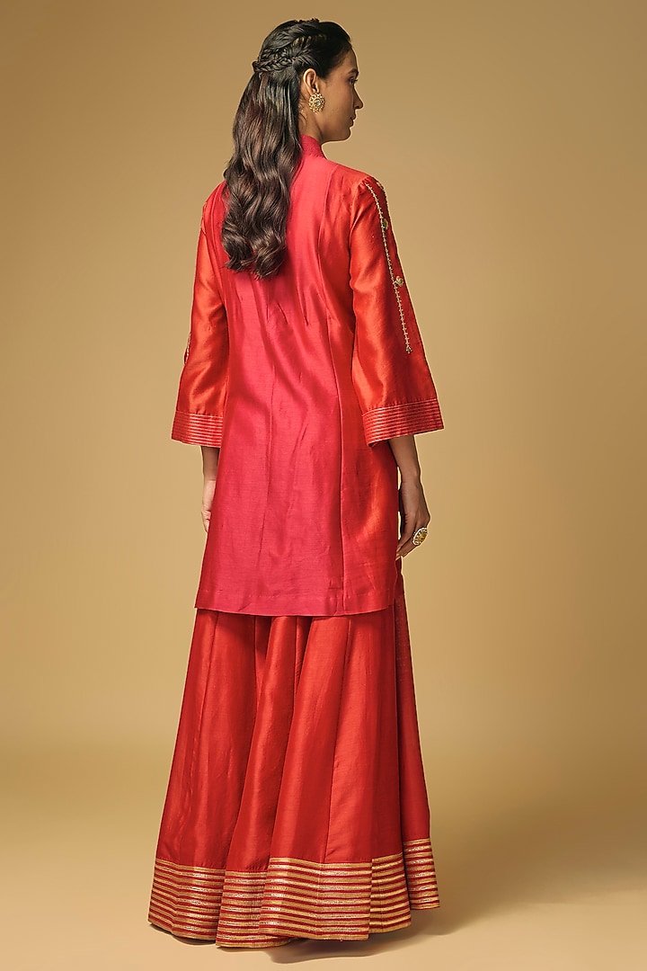 Coral Red & Orange Chanderi Silk Embroidered Wedding Sharara Set by LOKA By Veerali Raveshia at Pernia's Pop Up Shop