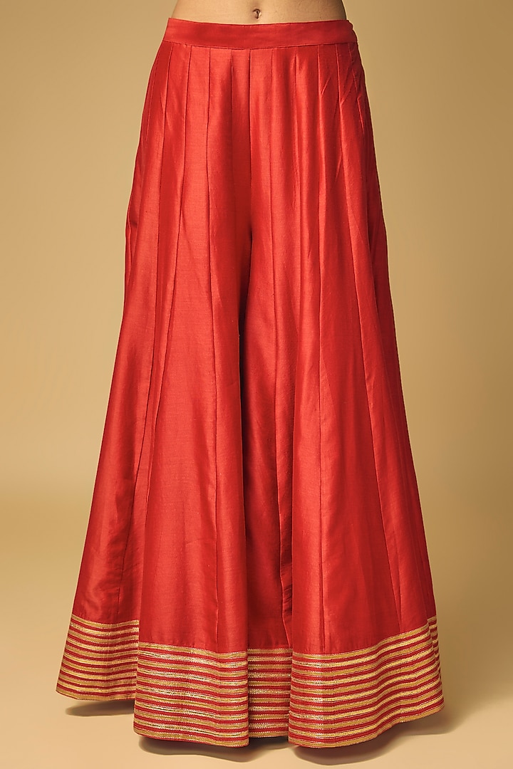 Coral Red & Orange Chanderi Silk Embroidered Wedding Sharara Set by LOKA By Veerali Raveshia at Pernia's Pop Up Shop