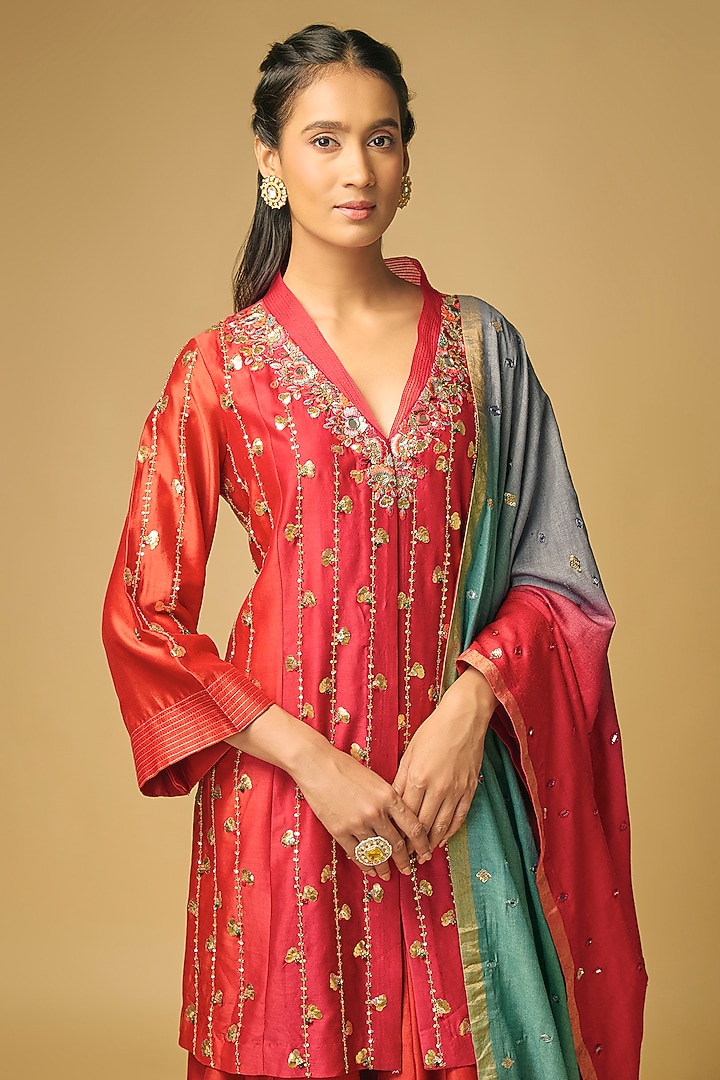 Coral Red & Orange Chanderi Silk Embroidered Wedding Sharara Set by LOKA By Veerali Raveshia at Pernia's Pop Up Shop
