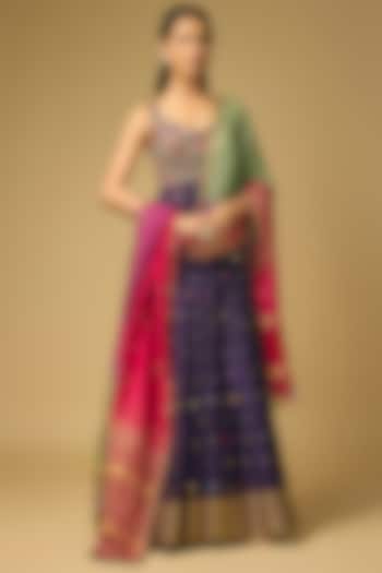 Purple Dupion Silk Hand Embroidered Wedding Anarkali Set by LOKA By Veerali Raveshia at Pernia's Pop Up Shop