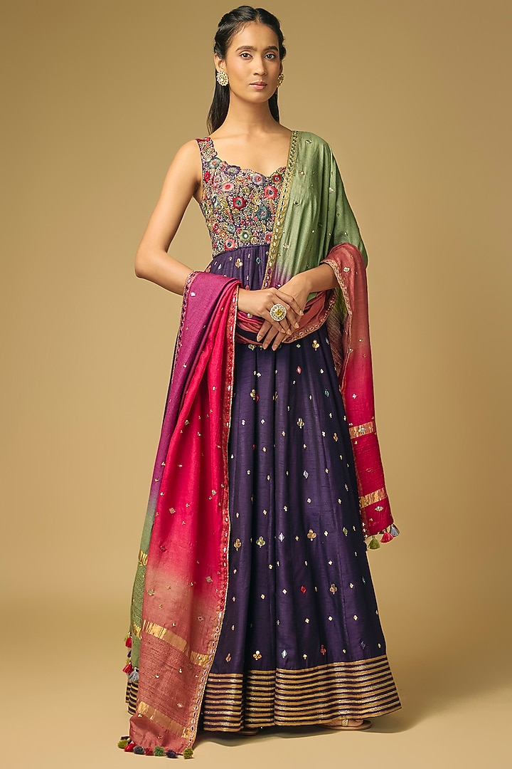 Purple Dupion Silk Hand Embroidered Wedding Anarkali Set by LOKA By Veerali Raveshia at Pernia's Pop Up Shop