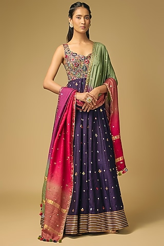 Purple Dupion Silk Hand Embroidered Anarkali Set by LOKA By Veerali Raveshia