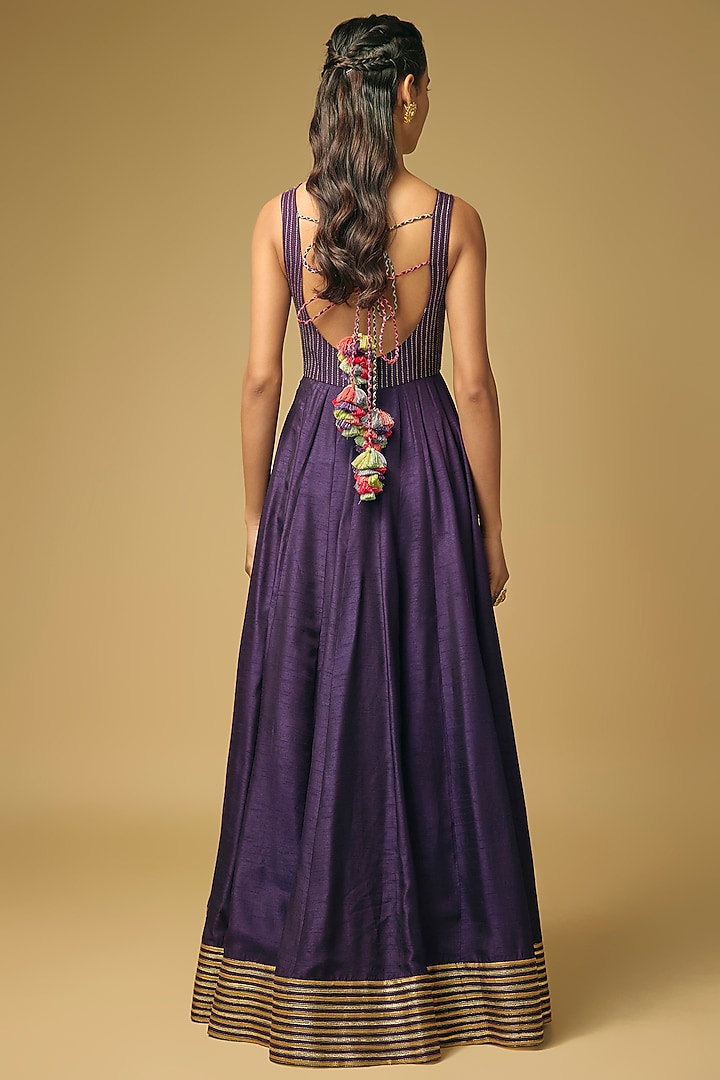 Purple Dupion Silk Hand Embroidered Wedding Anarkali Set by LOKA By Veerali Raveshia at Pernia's Pop Up Shop