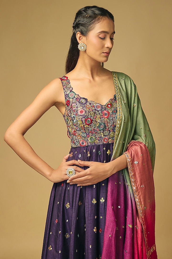 Purple Dupion Silk Hand Embroidered Wedding Anarkali Set by LOKA By Veerali Raveshia at Pernia's Pop Up Shop