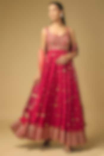 Coral Red Dupion Silk Hand Embroidered Wedding Anarkali by LOKA By Veerali Raveshia at Pernia's Pop Up Shop