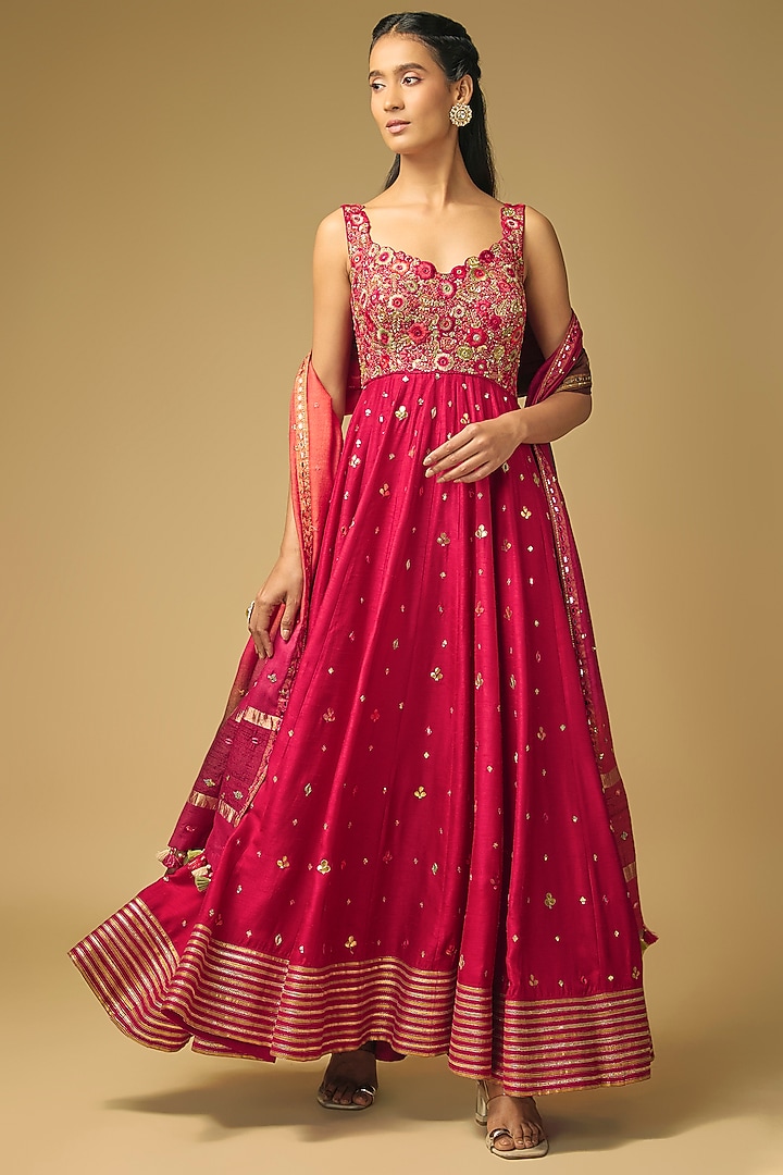 Coral Red Dupion Silk Hand Embroidered Wedding Anarkali by LOKA By Veerali Raveshia at Pernia's Pop Up Shop