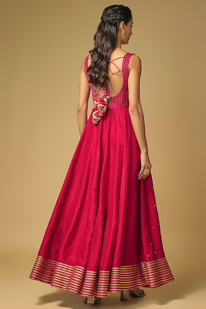 Coral Red Dupion Silk Hand Embroidered Wedding Anarkali by LOKA By Veerali Raveshia at Pernia's Pop Up Shop