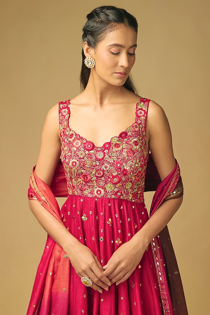 Coral Red Dupion Silk Hand Embroidered Wedding Anarkali by LOKA By Veerali Raveshia at Pernia's Pop Up Shop