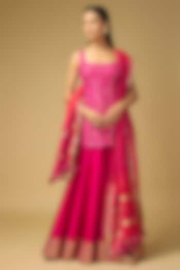 Fuchsia Pink Silk Flared Wedding Sharara Set by LOKA By Veerali Raveshia at Pernia's Pop Up Shop