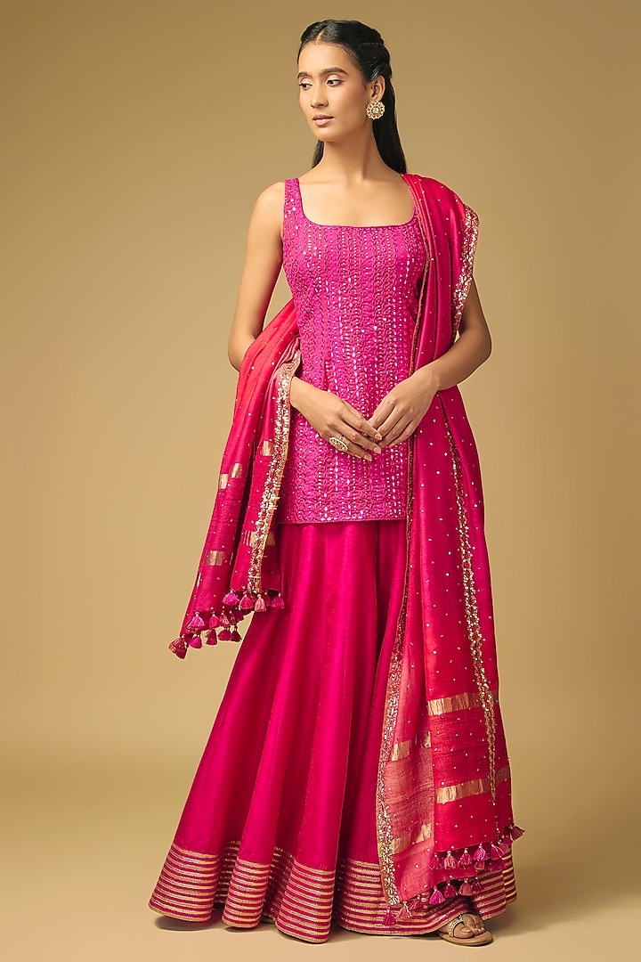 Fuchsia Pink Silk Flared Wedding Sharara Set by LOKA By Veerali Raveshia at Pernia's Pop Up Shop