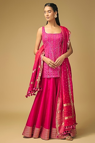 Fuchsia Pink Silk Flared Sharara Set by LOKA By Veerali Raveshia