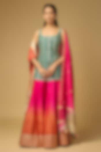 Fuchsia Pink & Coral Orange Chanderi Silk Flared Wedding Sharara Set by LOKA By Veerali Raveshia at Pernia's Pop Up Shop